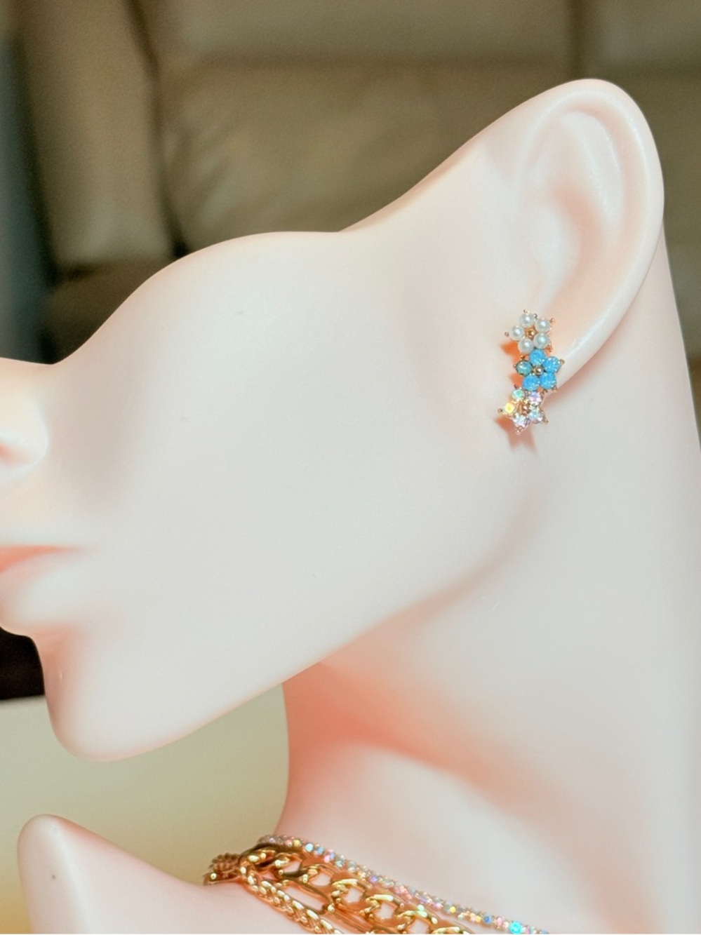 Gold Floral Blue Crystal Ear Climbers
